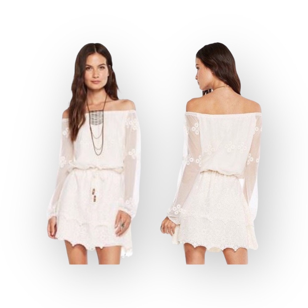 new Chaser ✶ Vintage Inspired Mesh + Lace Off Shouder Mini Dress ✶ Alabaster ✶ - Picture 14 of 16